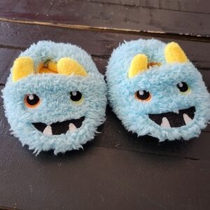 Baby Boy Monster Face Slippers Blue Yellow Sz 3 Fuzzy Furry